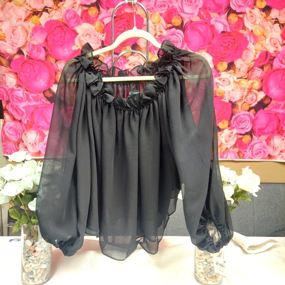 INC International Concepts Sheer Black Blouse with Ruffle Trim Size Large